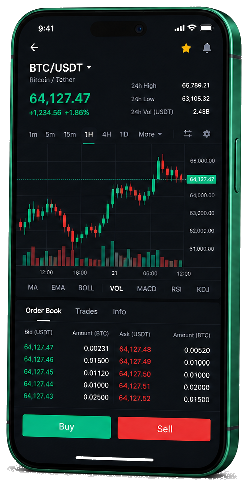 Mystral AI Invest trading platform on mobile — live BTC/USDT chart, order book, and buy/sell interface
